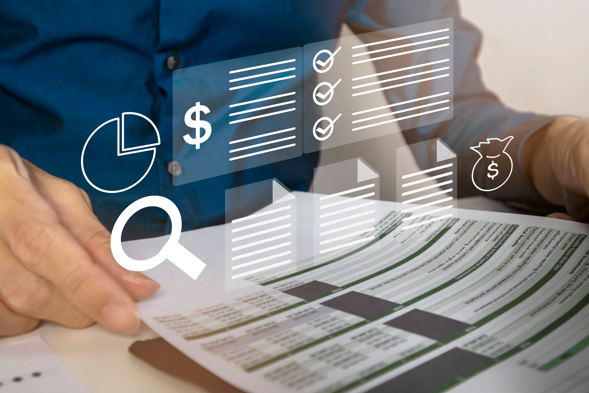 Financial concept, businessman reviewing financial data and annual financial statements of the company.