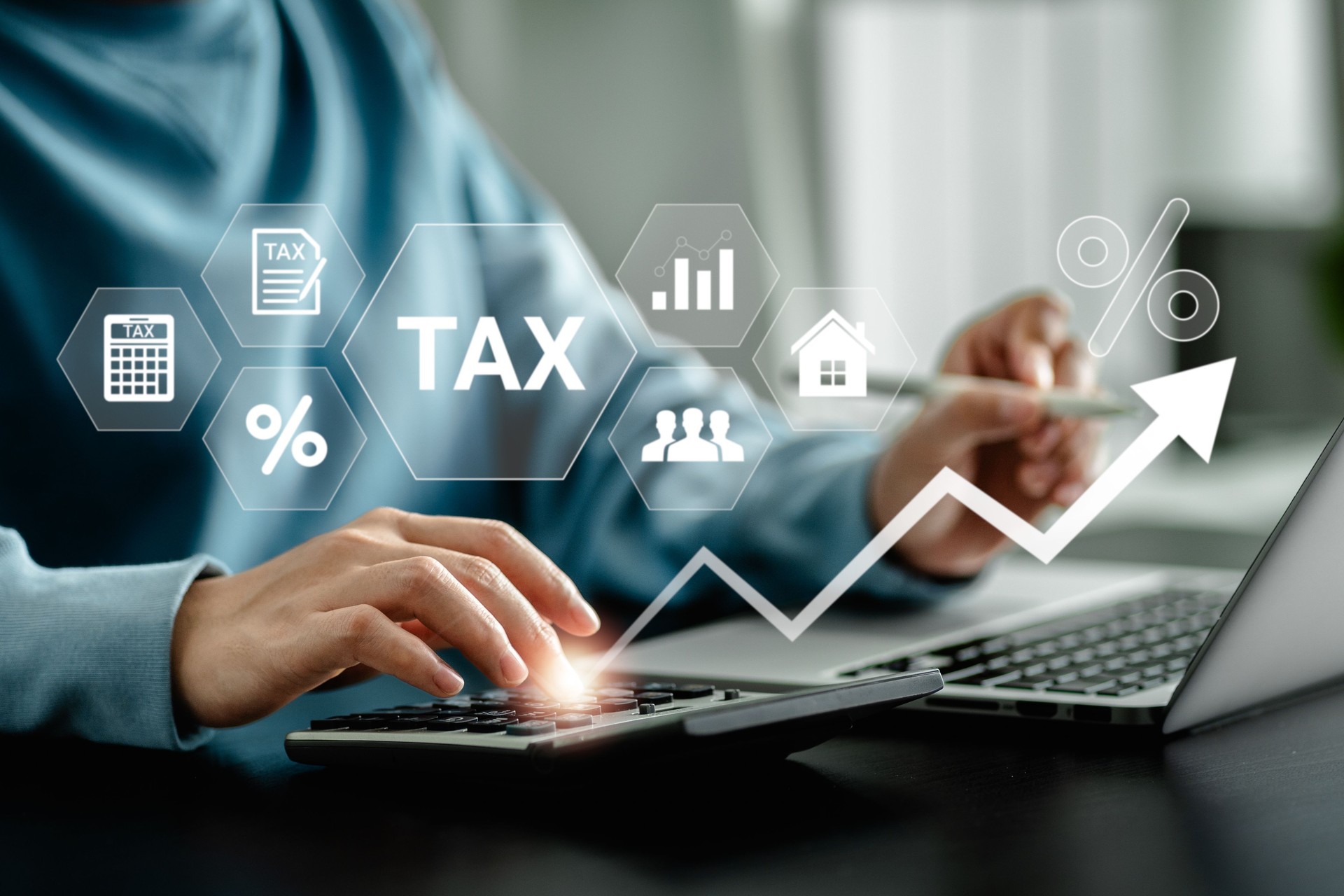 E-Filing, Taxpayer using a laptop to file taxes personal income, Tax Return form online for tax payment. Government, state taxes. Data analysis, paperwork, reports. Calculation tax return.